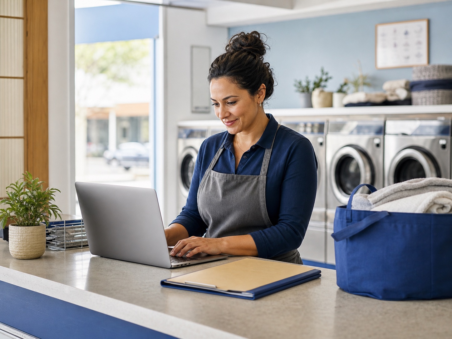 A storefront owner completing business setup at a modern laundry counter