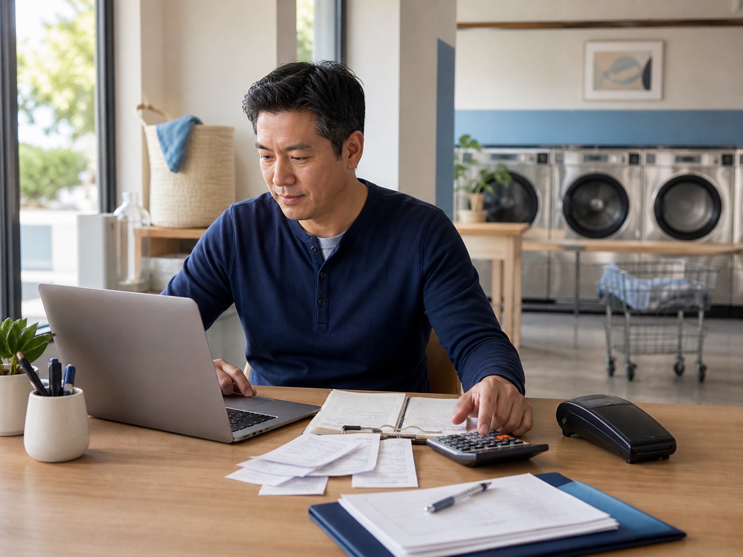 A storefront owner reviewing payout records and business finances